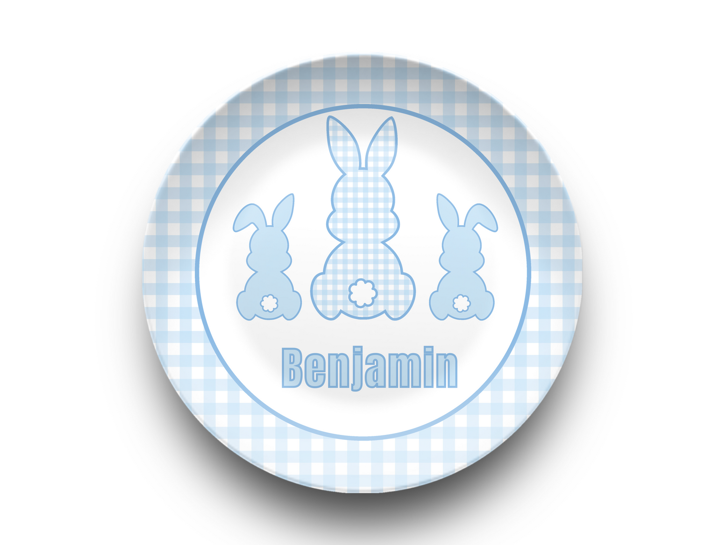 Blue Gingham Personalized Easter Bunny Plate, Preppy Custom Kids Name Plate, Unbreakable, Microwave & Dishwasher Safe, Easter Gift for Kids