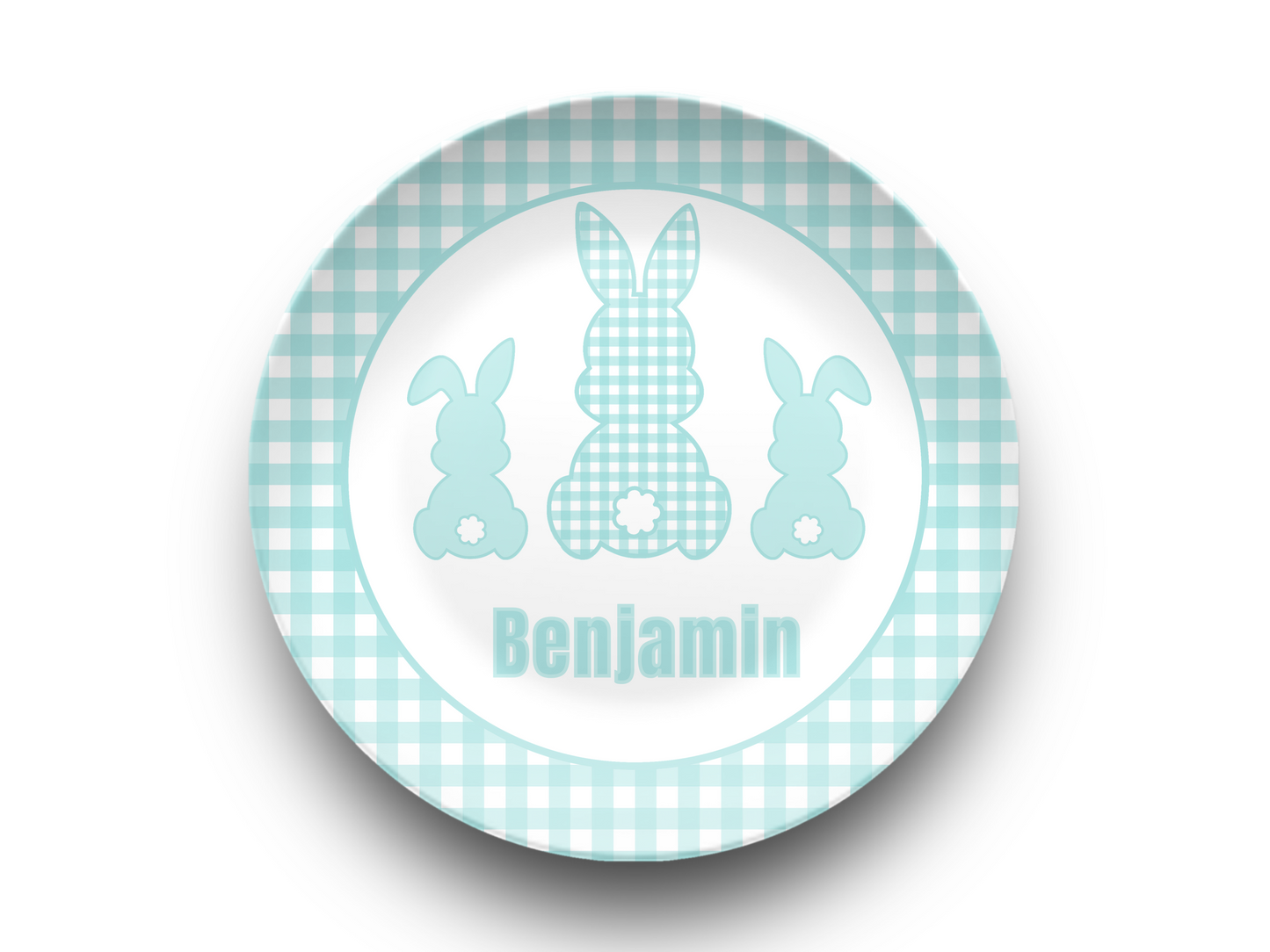 Blue Gingham Personalized Easter Bunny Plate, Preppy Custom Kids Name Plate, Unbreakable, Microwave & Dishwasher Safe, Easter Gift for Kids