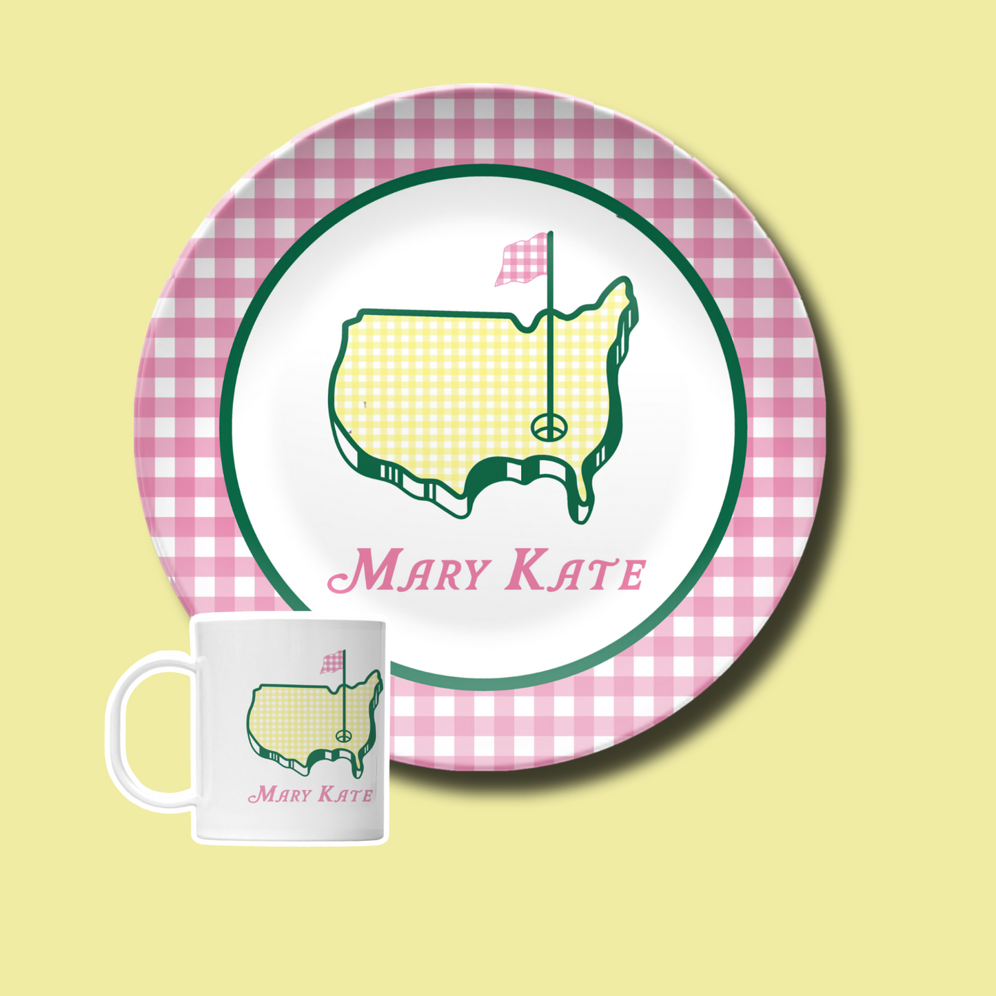 BUNDLE Masters Personalized Plate in Pink Gingham, Preppy Golf Custom Kids Name Plate, Unbreakable, Microwave & Dishwasher Safe,  Masters Inspired Gift for Kids,