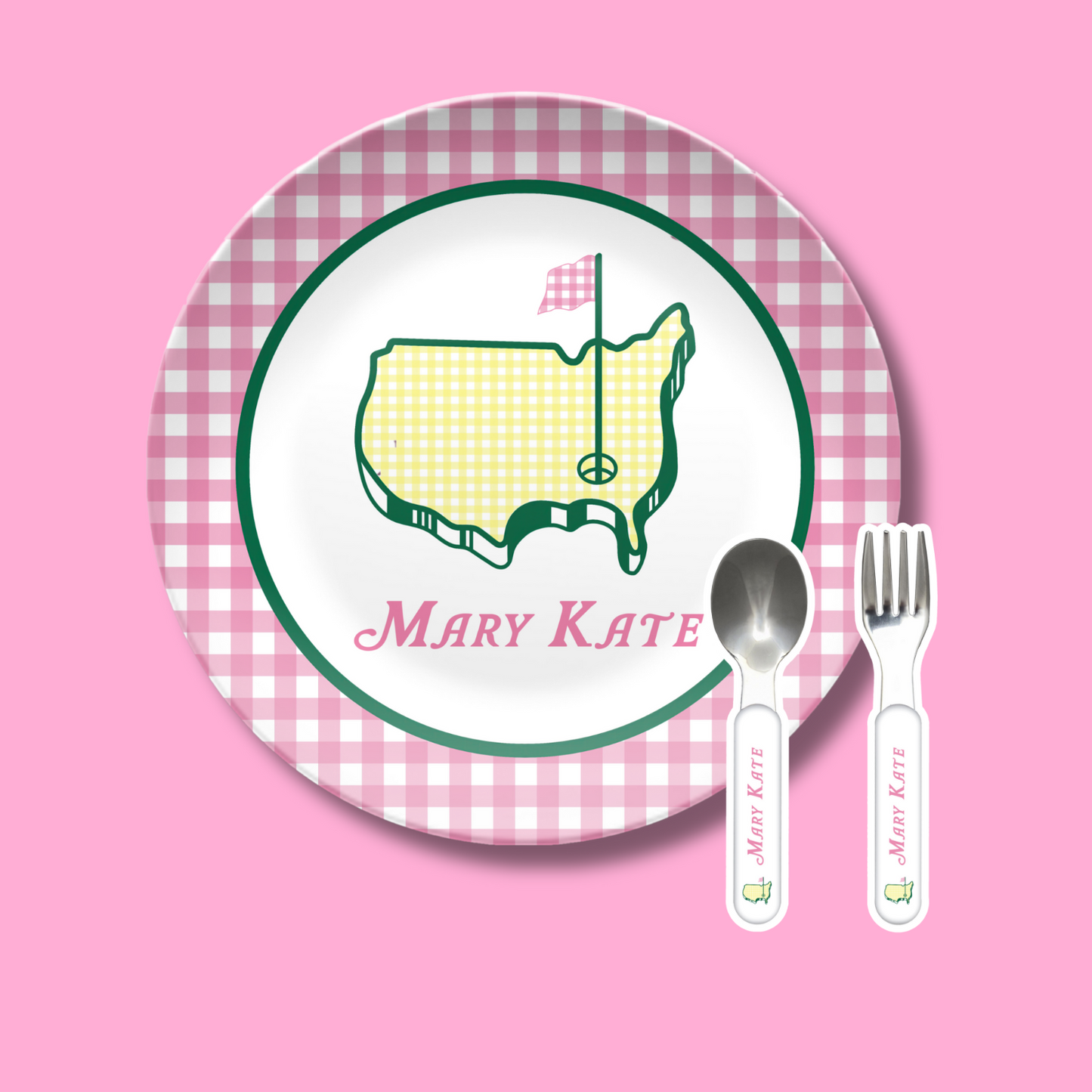 BUNDLE Masters Personalized Plate in Pink Gingham, Preppy Golf Custom Kids Name Plate, Unbreakable, Microwave & Dishwasher Safe,  Masters Inspired Gift for Kids,