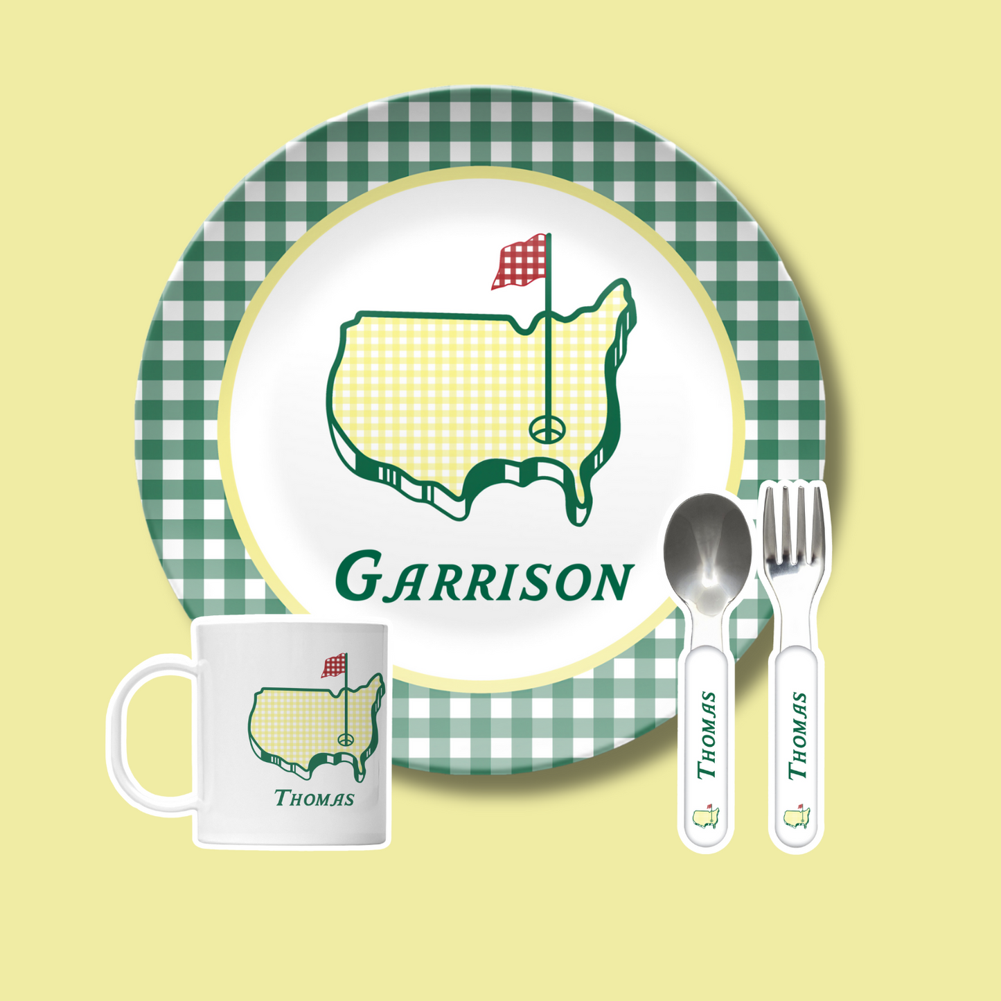 BUNDLE Green Gingham Masters Personalized Plate, Preppy Golf Custom Kids Name Plate, Unbreakable, Microwave & Dishwasher Safe,  Masters Inspired Gift for Kids,
