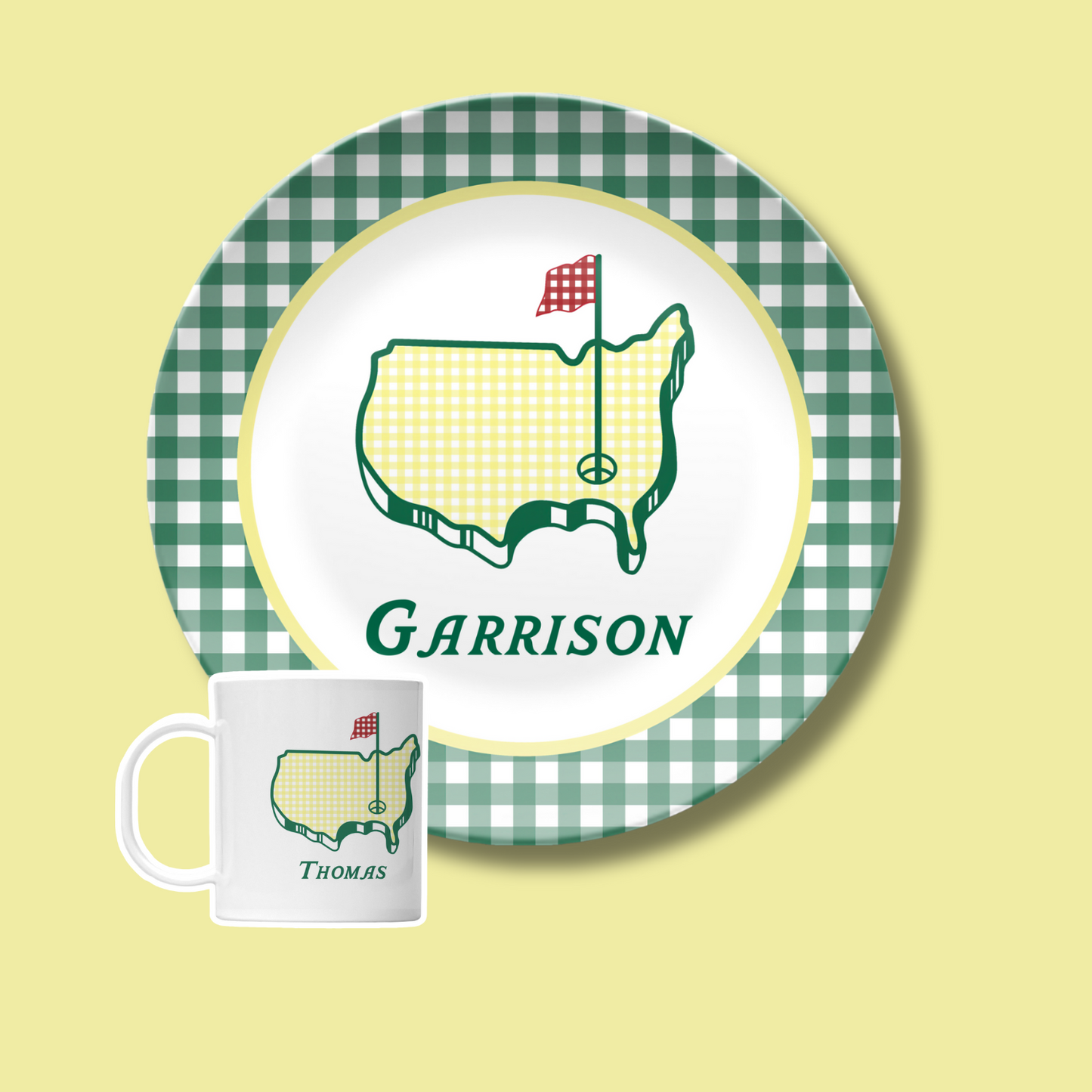 BUNDLE Green Gingham Masters Personalized Plate, Preppy Golf Custom Kids Name Plate, Unbreakable, Microwave & Dishwasher Safe,  Masters Inspired Gift for Kids,