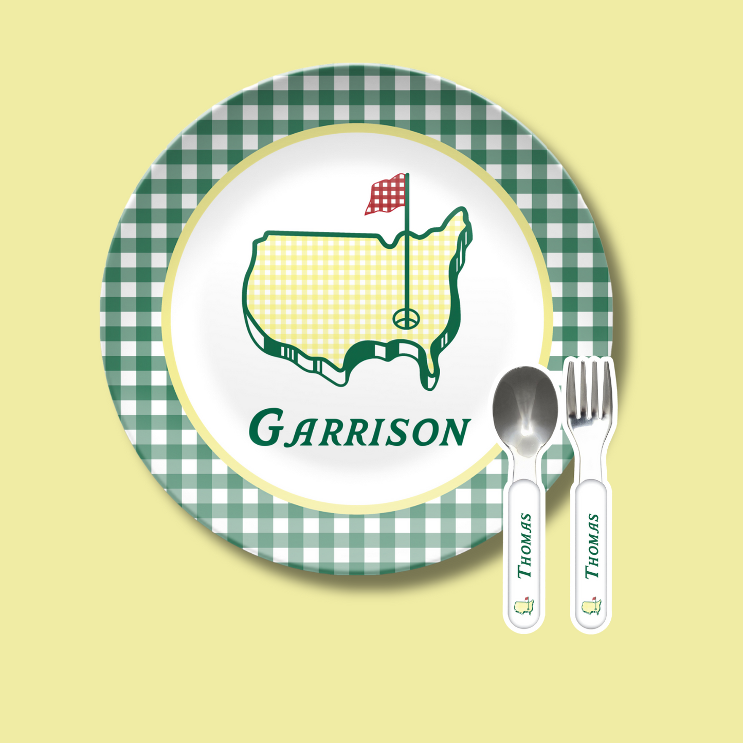 BUNDLE Green Gingham Masters Personalized Plate, Preppy Golf Custom Kids Name Plate, Unbreakable, Microwave & Dishwasher Safe,  Masters Inspired Gift for Kids,