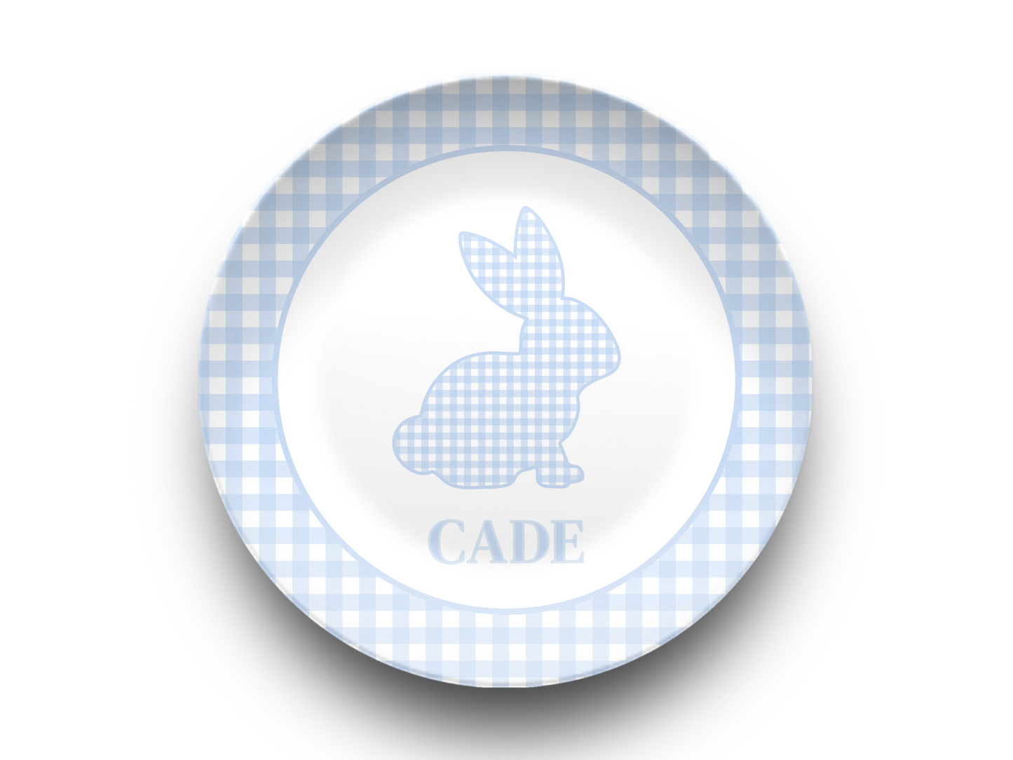 Light Blue Gingham Personalized Easter Bunny Plate, Preppy Custom Kids Name Plate, Unbreakable, Microwave & Dishwasher Safe, Easter Gift for Kids