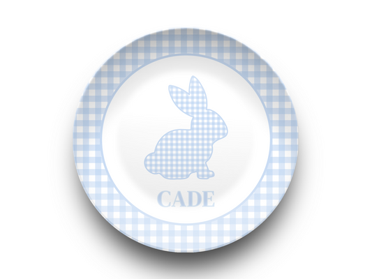 Light Blue Gingham Personalized Easter Bunny Plate, Preppy Custom Kids Name Plate, Unbreakable, Microwave & Dishwasher Safe, Easter Gift for Kids