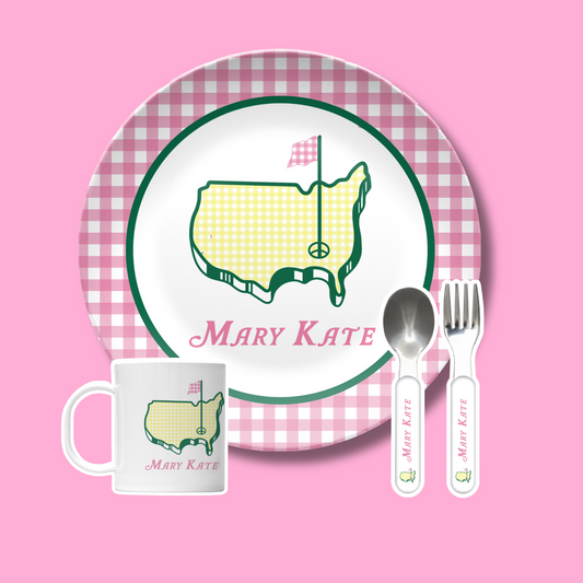 BUNDLE Masters Personalized Plate in Pink Gingham, Preppy Golf Custom Kids Name Plate, Unbreakable, Microwave & Dishwasher Safe,  Masters Inspired Gift for Kids,