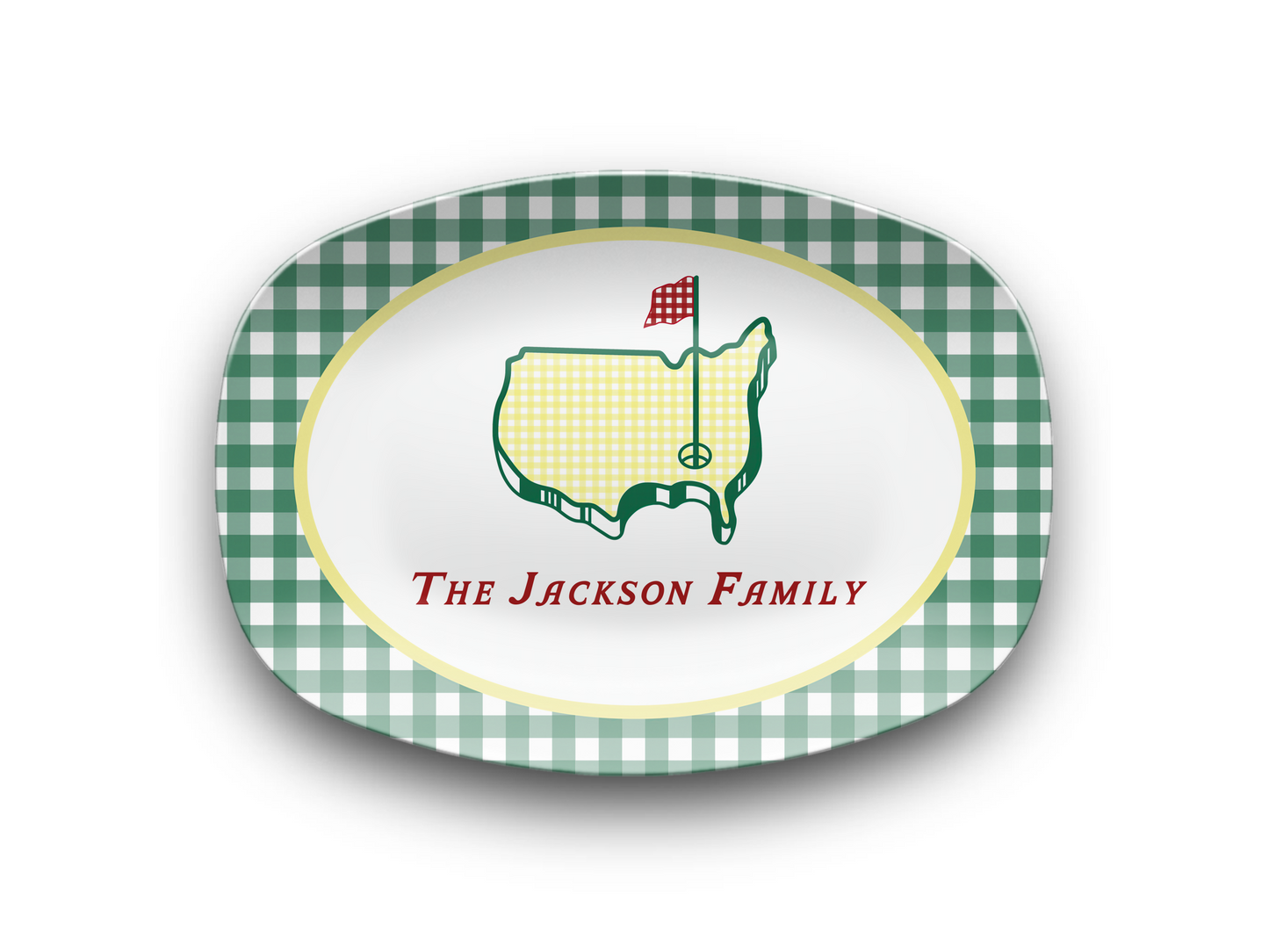 Green Gingham Masters Personalized Platter, Oval Preppy Golf Custom Name Serving Platter, Unbreakable, Microwave & Dishwasher Safe,  Masters Inspired Gift