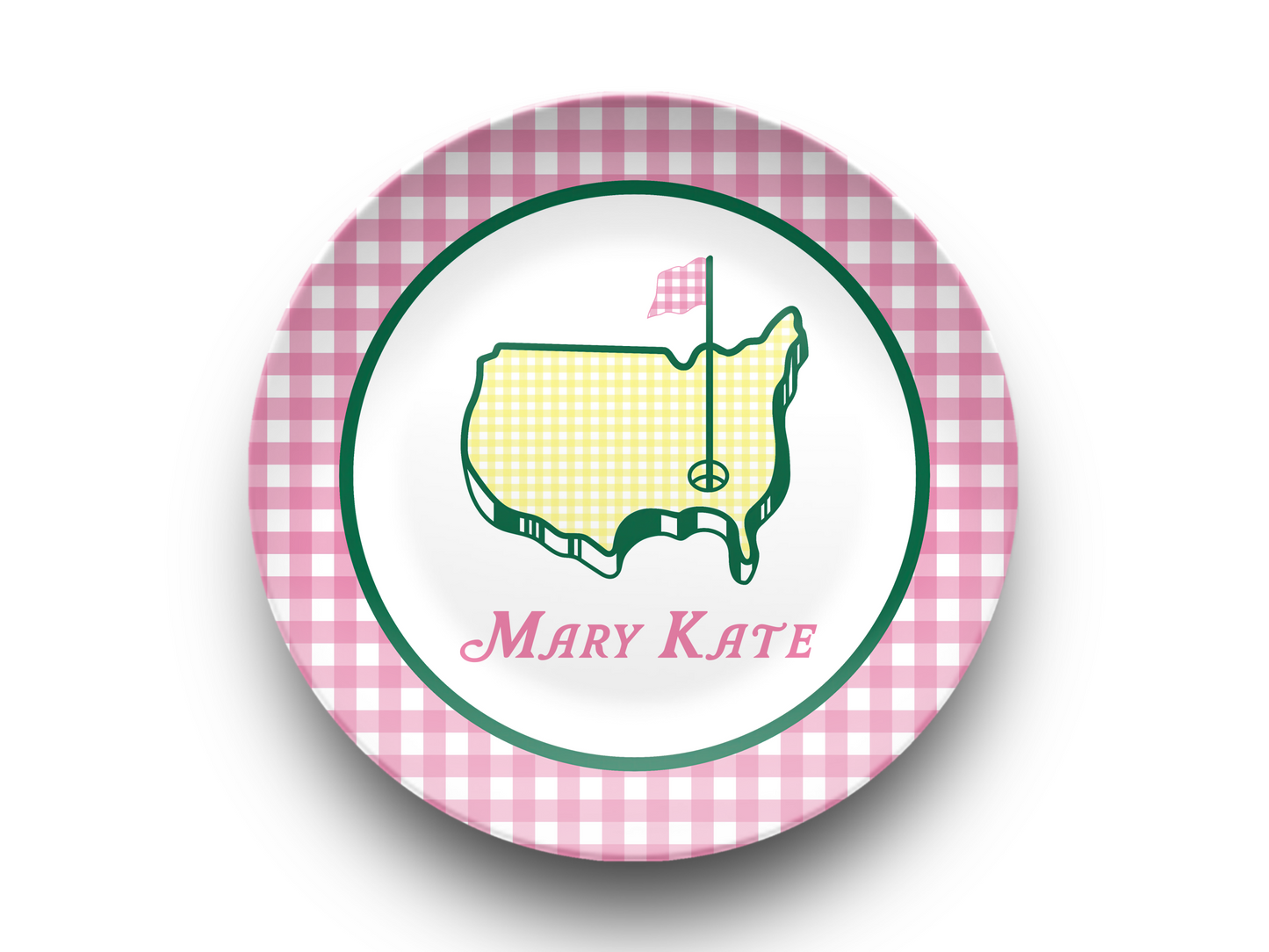 BUNDLE Masters Personalized Plate in Pink Gingham, Preppy Golf Custom Kids Name Plate, Unbreakable, Microwave & Dishwasher Safe,  Masters Inspired Gift for Kids,