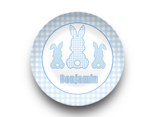 Blue Gingham Personalized Easter Bunny Plate, Preppy Custom Kids Name Plate, Unbreakable, Microwave & Dishwasher Safe, Easter Gift for Kids