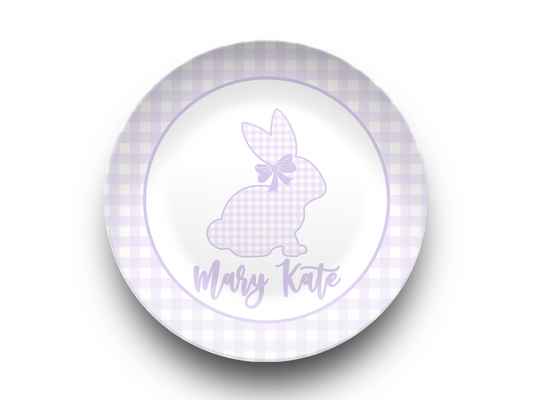 Lilac Gingham Personalized Easter Bunny Plate, Preppy Custom Kids Name Plate, Unbreakable, Microwave & Dishwasher Safe, Easter Gift for Kids