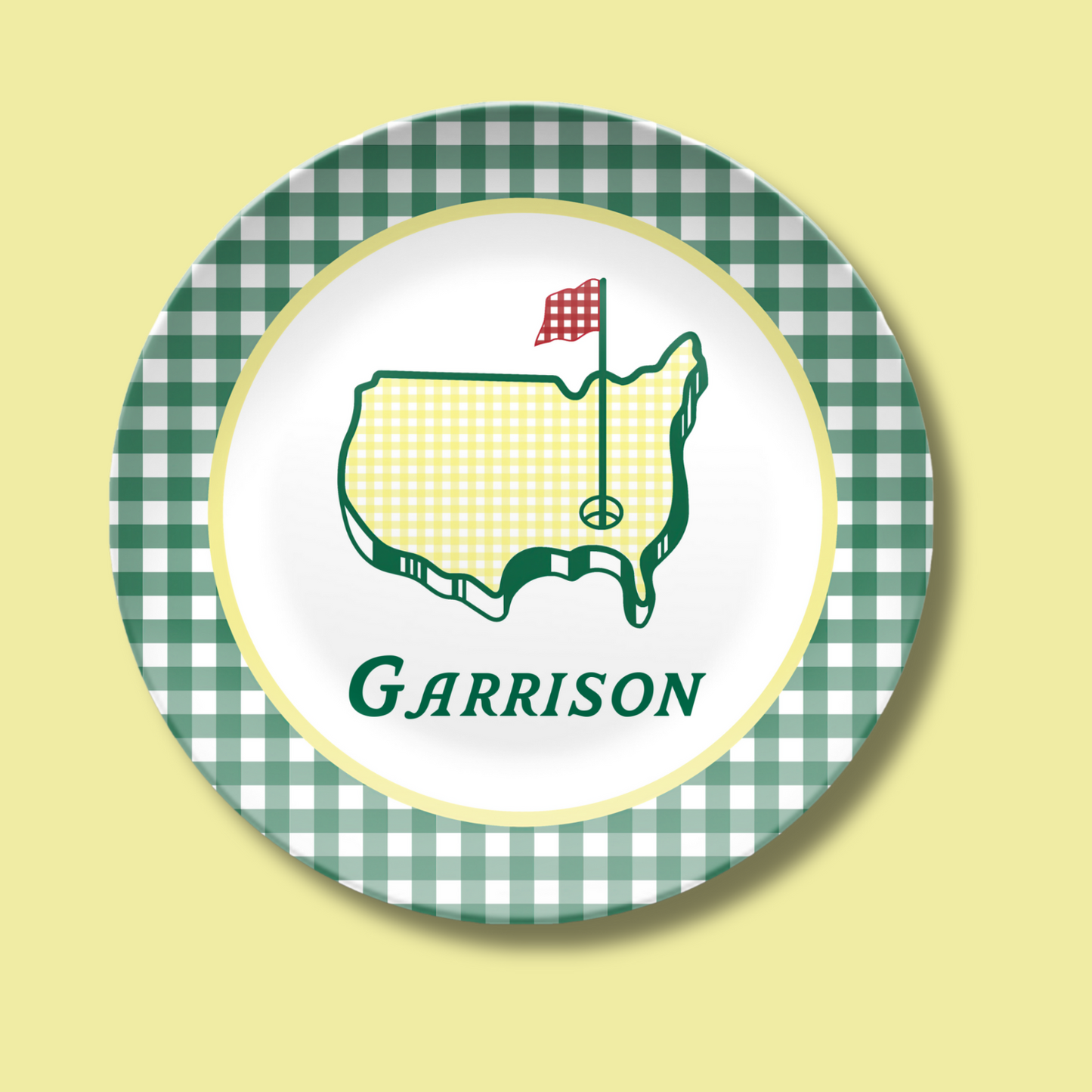 BUNDLE Green Gingham Masters Personalized Plate, Preppy Golf Custom Kids Name Plate, Unbreakable, Microwave & Dishwasher Safe,  Masters Inspired Gift for Kids,