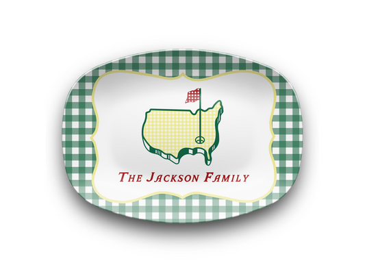Green Gingham Masters Personalized Platter, Preppy Golf Custom Name Serving Platter, Unbreakable, Microwave & Dishwasher Safe,  Masters Inspired Gift