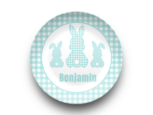 Blue Gingham Personalized Easter Bunny Plate, Preppy Custom Kids Name Plate, Unbreakable, Microwave & Dishwasher Safe, Easter Gift for Kids