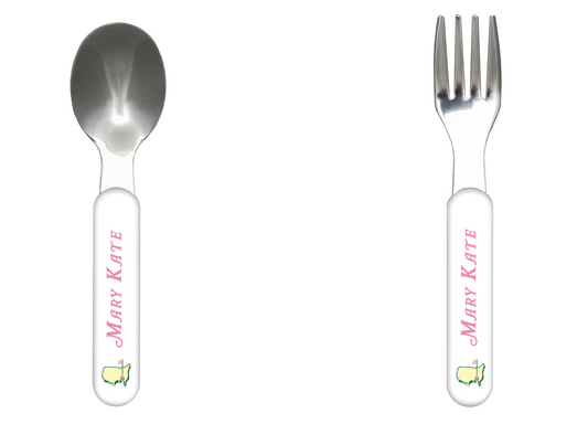 Masters Azalea Personalized Kids Silverware Set (Fork & Spoon) –Pink Gingham Custom Fork & Spoon, BPA-Free, Dishwasher Safe, Preppy Golf Gift for Kids