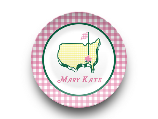 Masters Personalized Plate in Pink Gingham, Azalea Preppy Golf Custom Kids Name Plate, Unbreakable, Microwave & Dishwasher Safe,  Masters Inspired Gift for Kids,